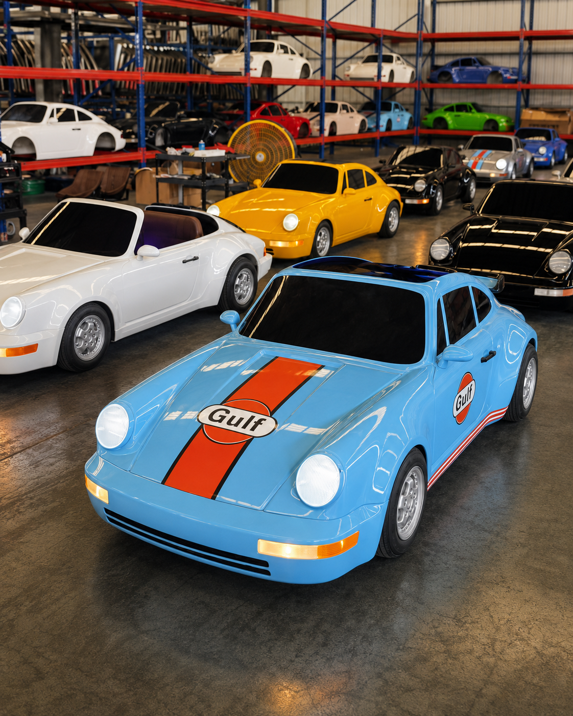 Finished GD KART vehicles in multiple colors inside the factory